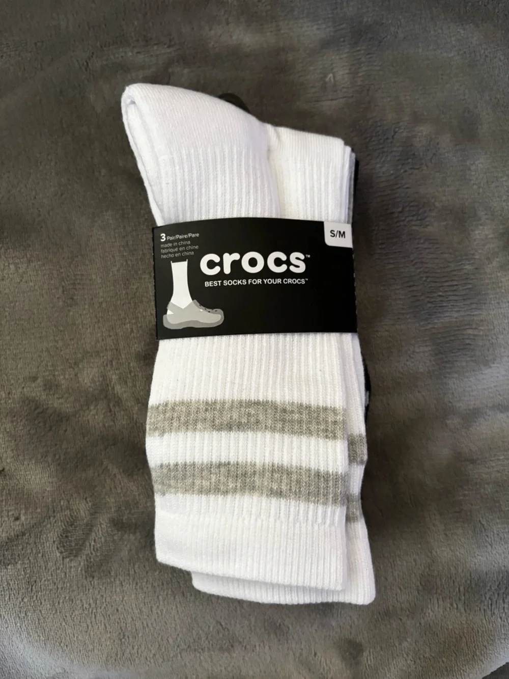 CROCS 3 pair White, Gray & Black Crew Socks with Gray Stripes